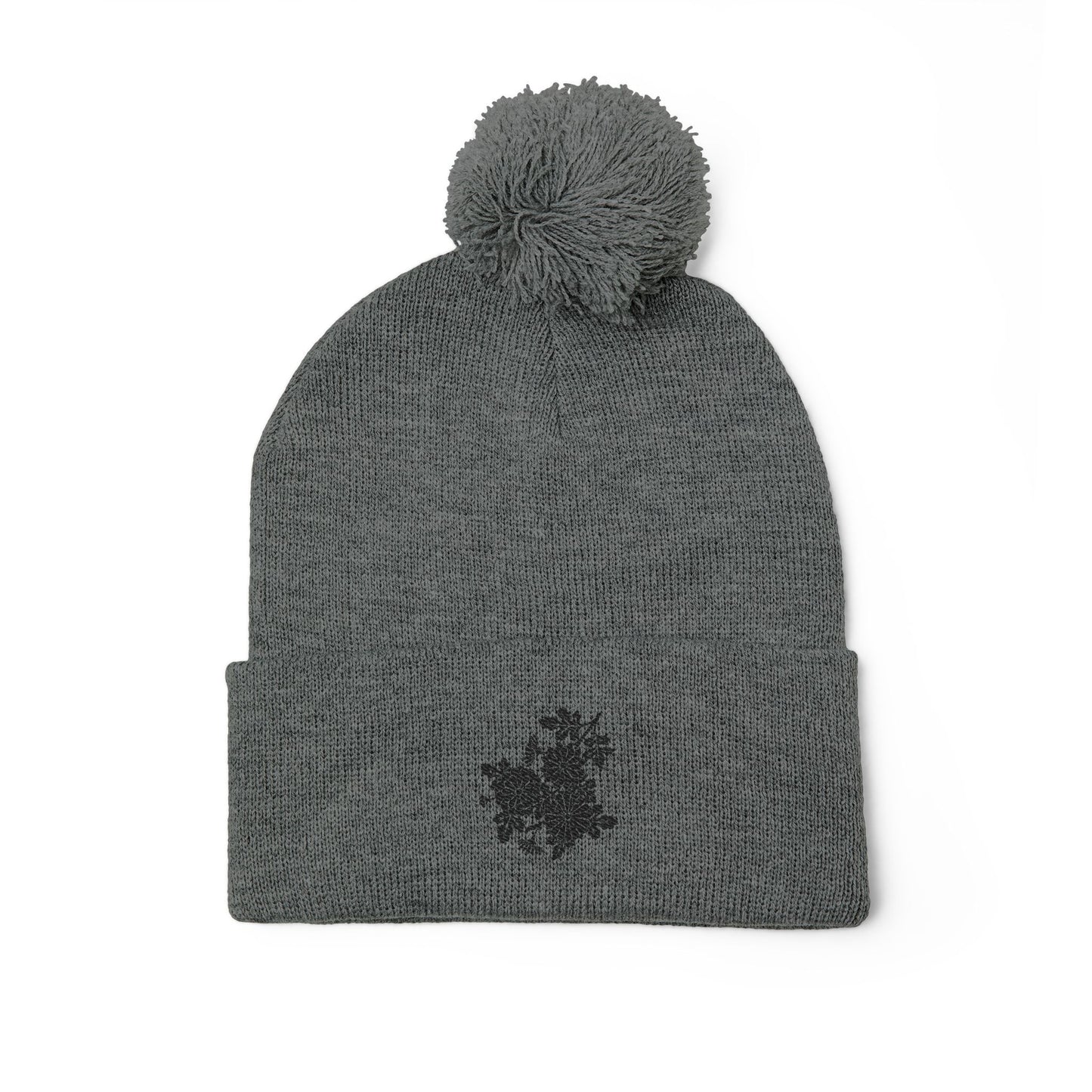 Decorative Floral Charm | Embroidered Pom-Pom Knit Cap