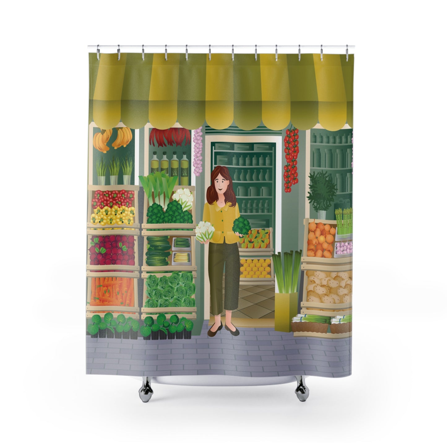 Shower Curtain | Girl Buying Vegetables | Everyday Art for Your Bathroom
