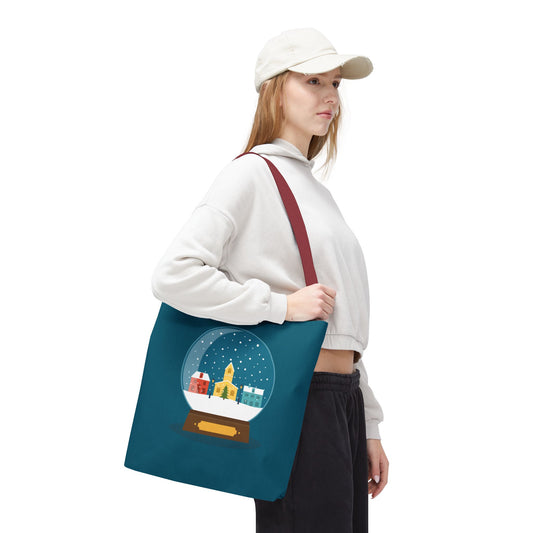 Winter Snow Globe Home | Cozy Winter House Tote Bag with Snow Globe Design