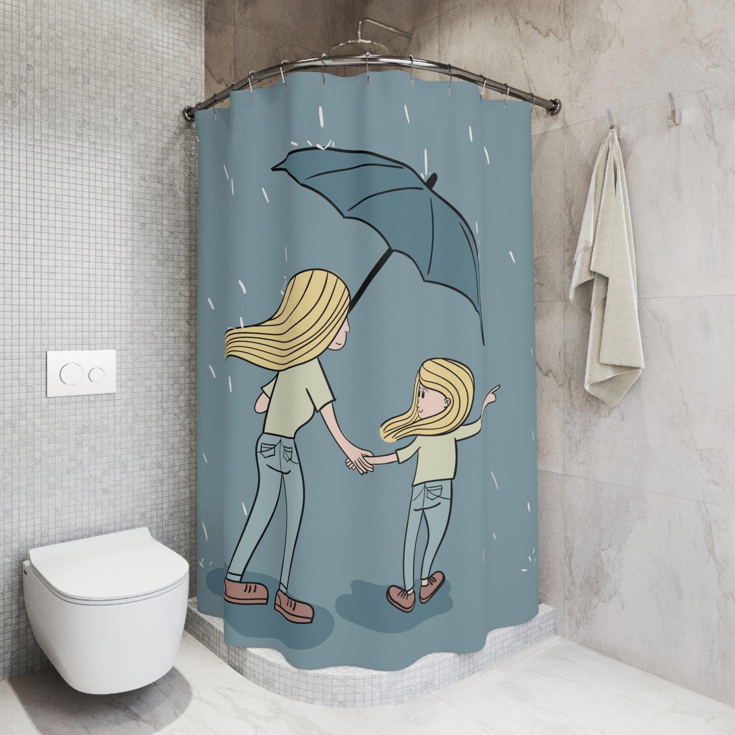 Warm Family Shower Curtain | Mother and Daughter Sharing an Umbrella in the Rain