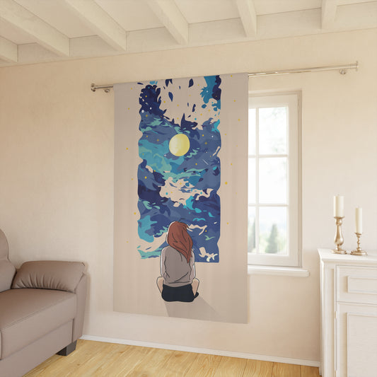 MoonVista | One-Panel Window Curtain Featuring Girl Gazing at Moon and Stars