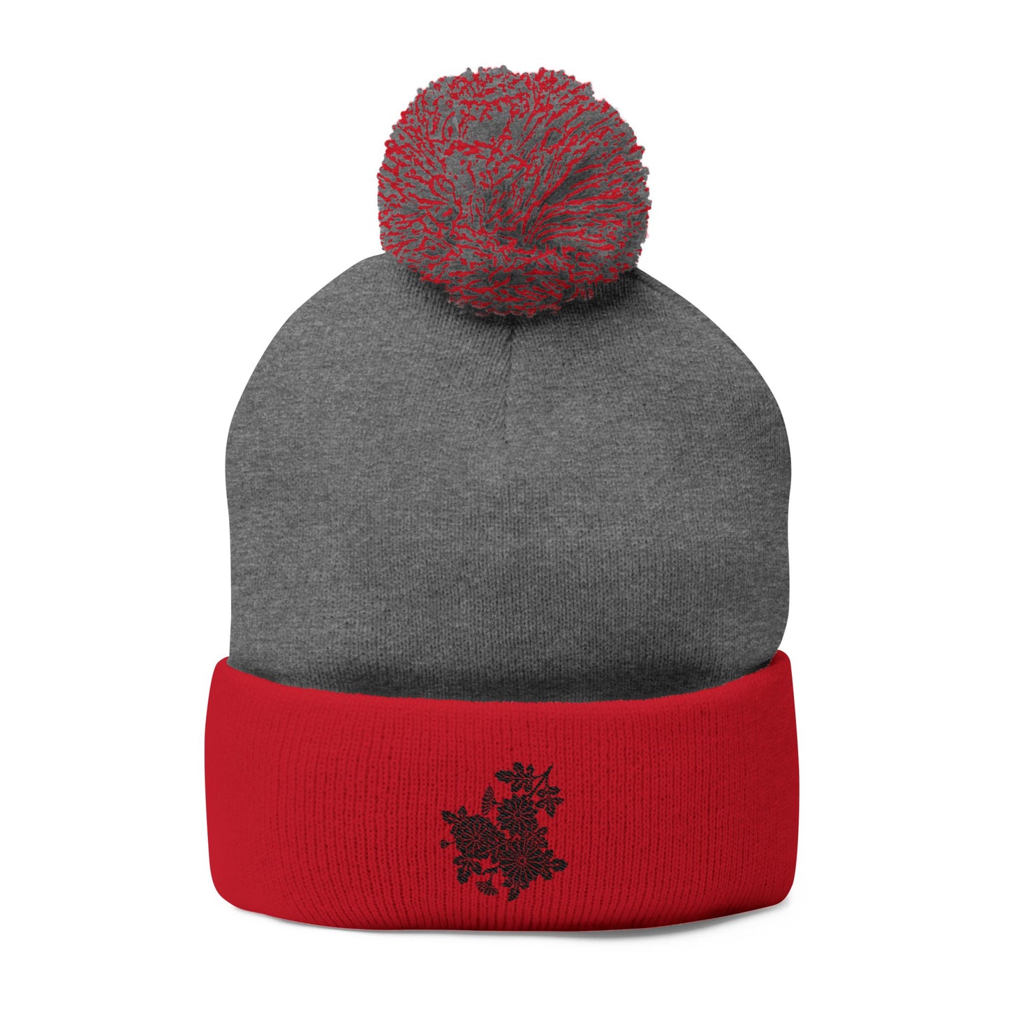 Decorative Floral Charm | Embroidered Pom-Pom Knit Cap