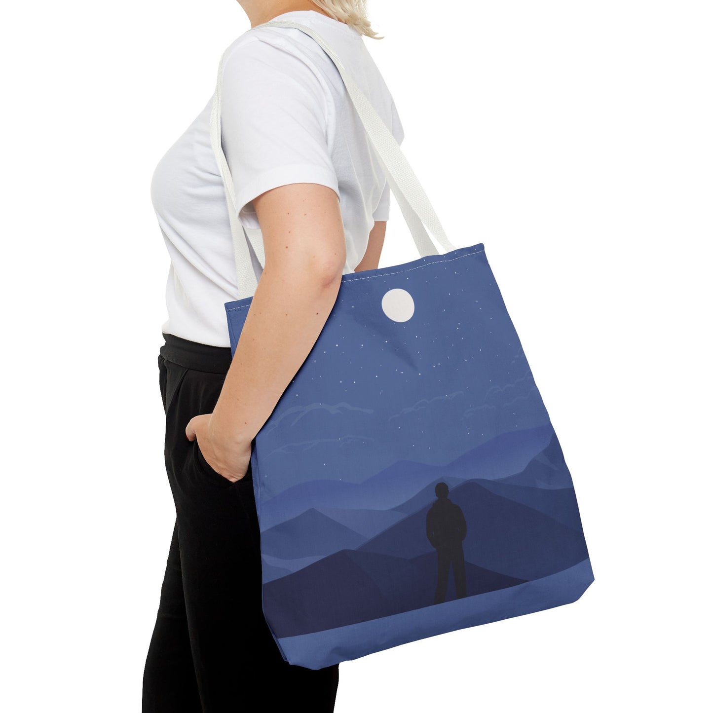 Artistic Tote Bag | Man Standing on Mountain Peak Watching the Moon