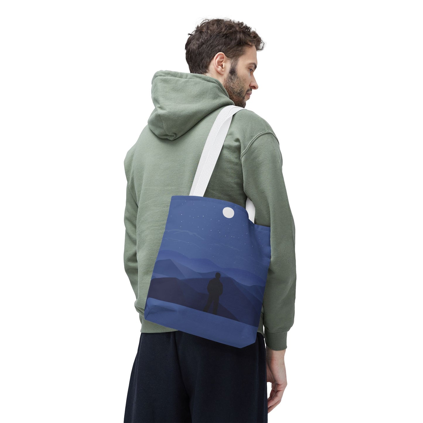 Artistic Tote Bag | Man Standing on Mountain Peak Watching the Moon