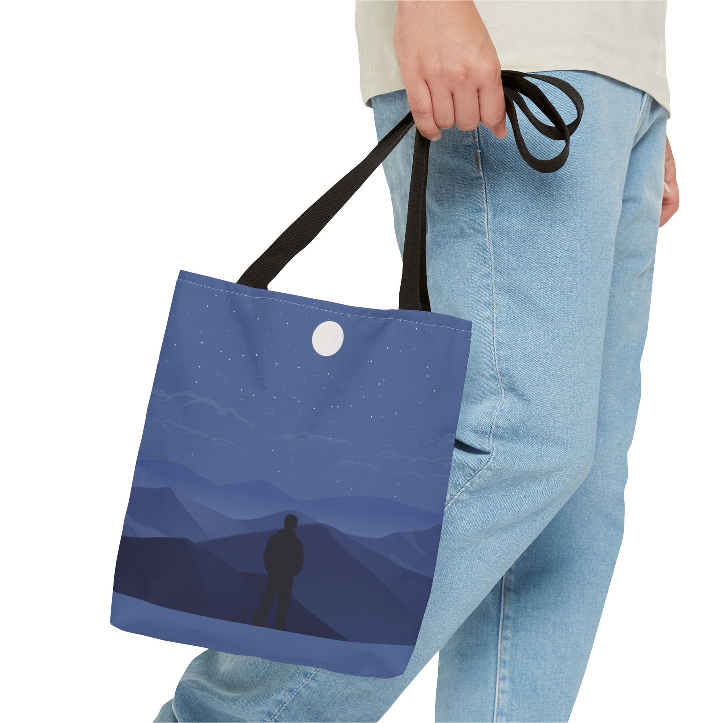 Artistic Tote Bag | Man Standing on Mountain Peak Watching the Moon
