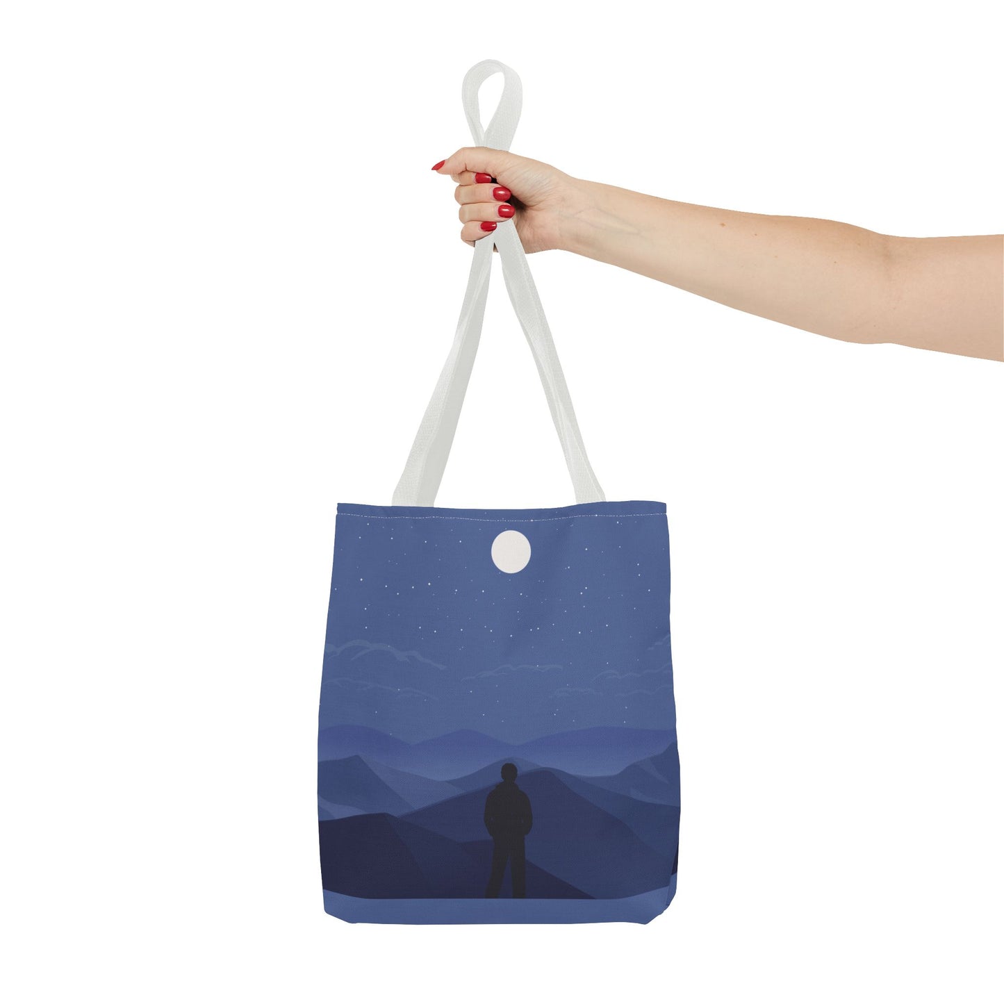 Artistic Tote Bag | Man Standing on Mountain Peak Watching the Moon