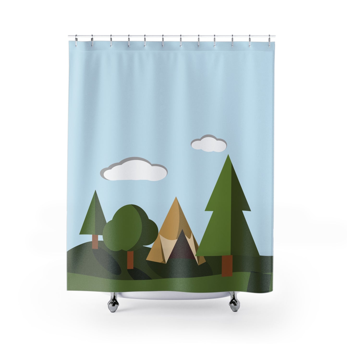 “Forest Dream” Shower Curtain | Tranquil Camping Scene in the Woods