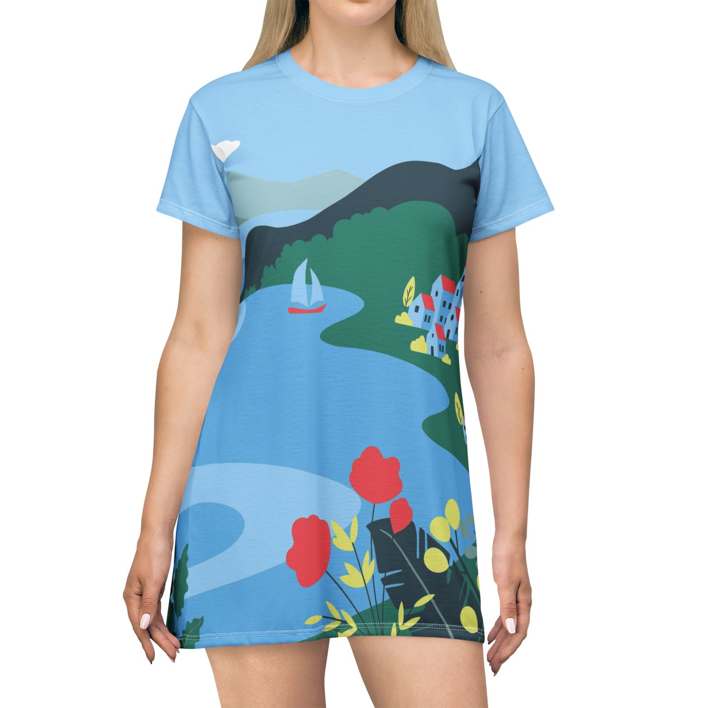 All-Over Print T-shirt Dress | Seaside Village & Mountain Scene | Effortless, Natural & Free-Spirited