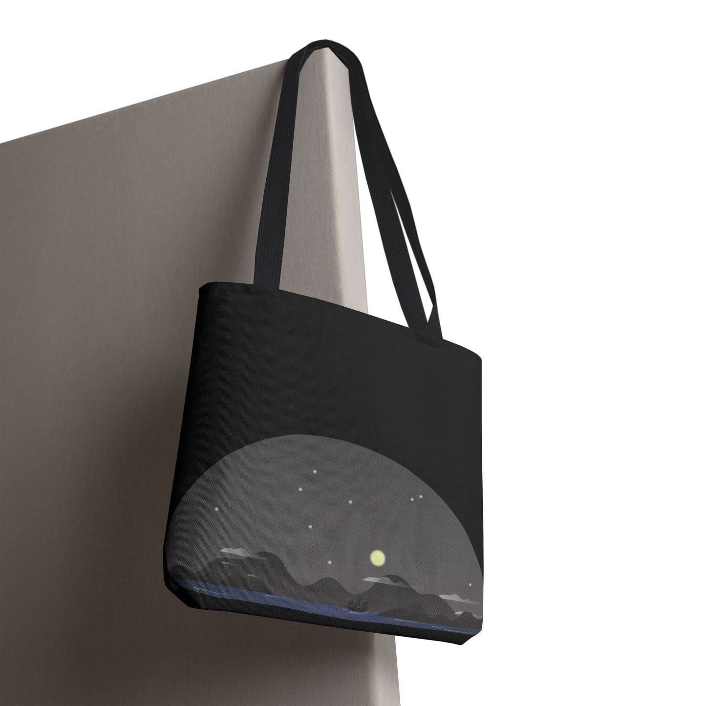 Midnight Voyage | Night Mountain Boat Landscape Tote Bag