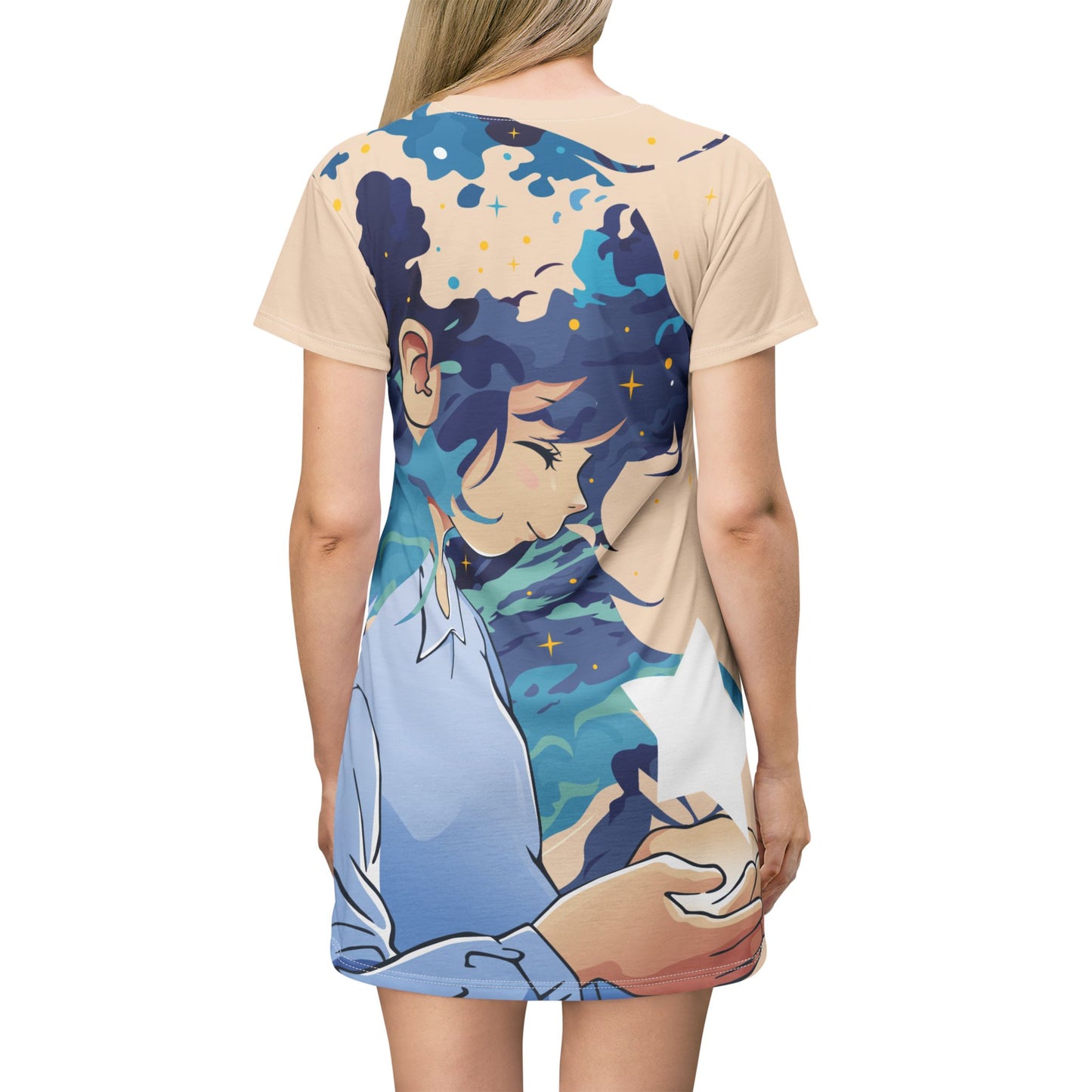 Dream Star T-Shirt Dress | Artistic Girl Holding a Star Design | Casual Streetwear for Dreamers