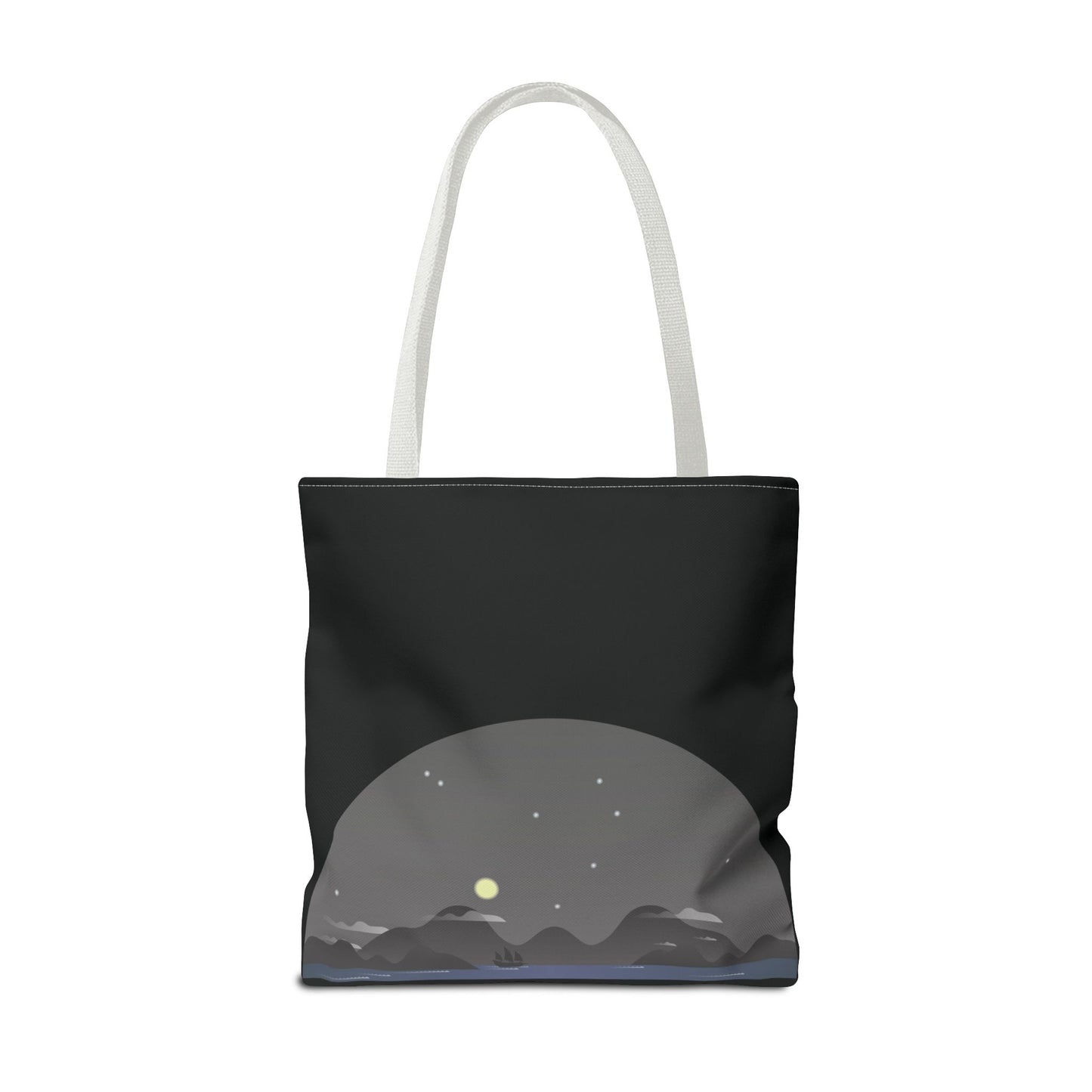 Midnight Voyage | Night Mountain Boat Landscape Tote Bag