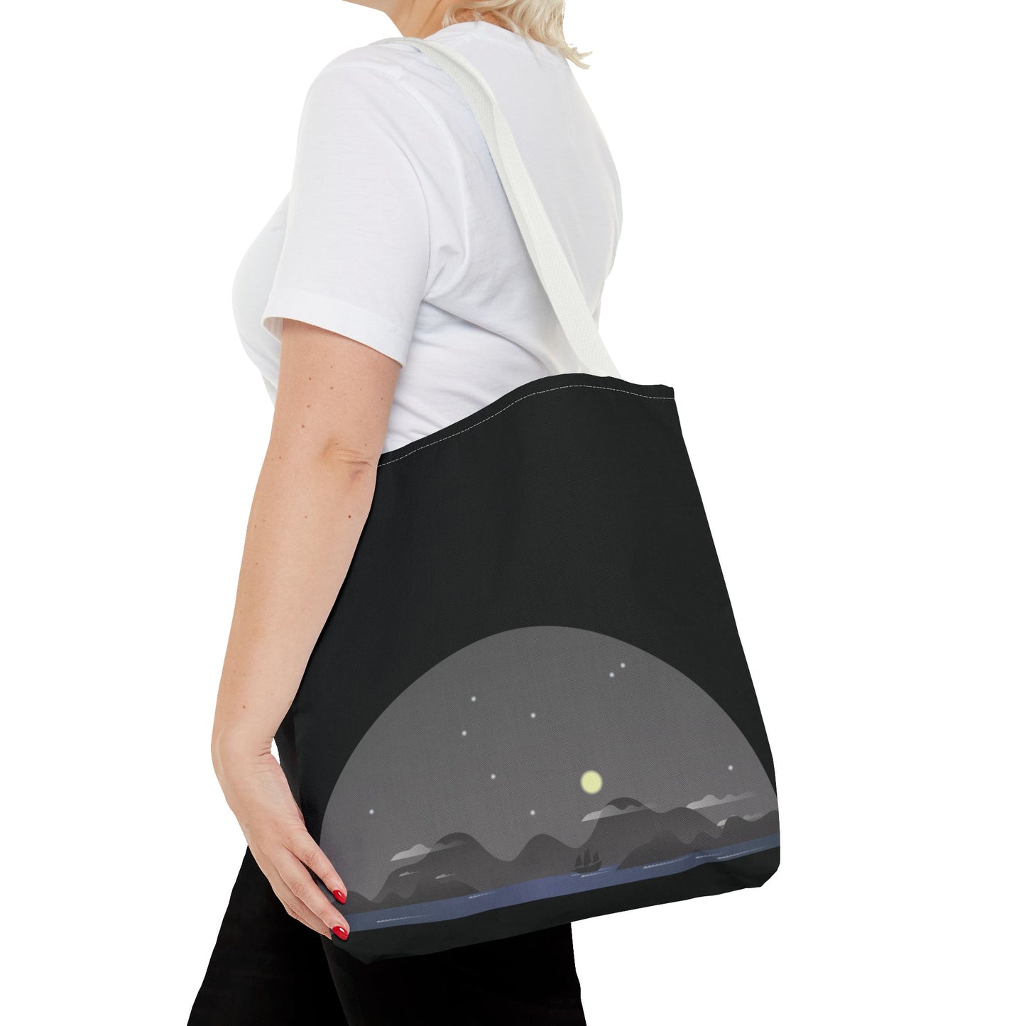 Midnight Voyage | Night Mountain Boat Landscape Tote Bag