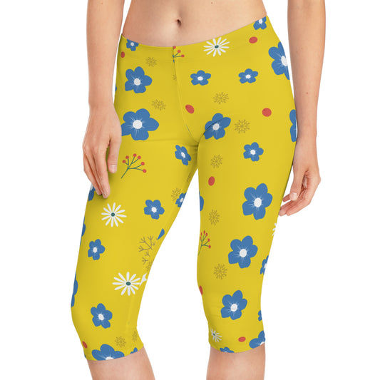 Blue Floral Capri Leggings on Yellow | Bright, Fun, and Perfect for Every Move