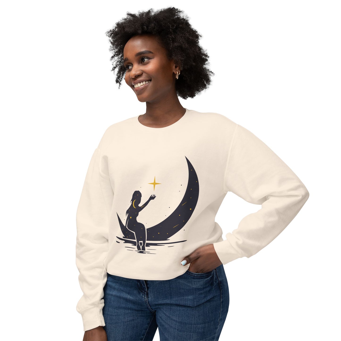 Unisex Lightweight Sweatshirt | Girl on the Moon & Sparkling Stars