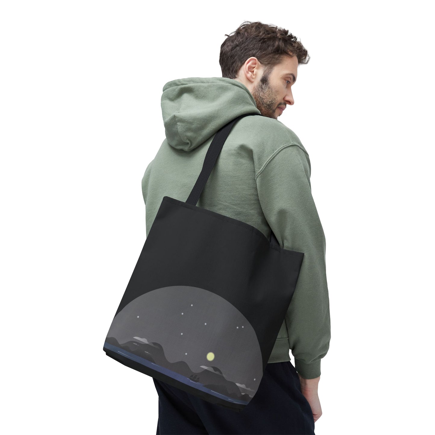 Midnight Voyage | Night Mountain Boat Landscape Tote Bag