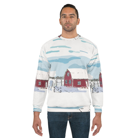 Unisex All-Over Print Sweatshirt | “Winter Cottage Serenity”