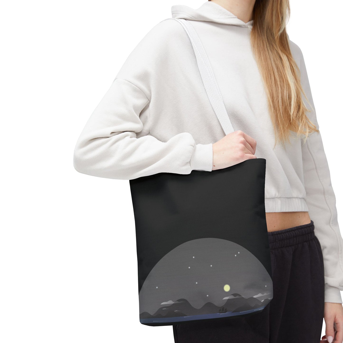 Midnight Voyage | Night Mountain Boat Landscape Tote Bag