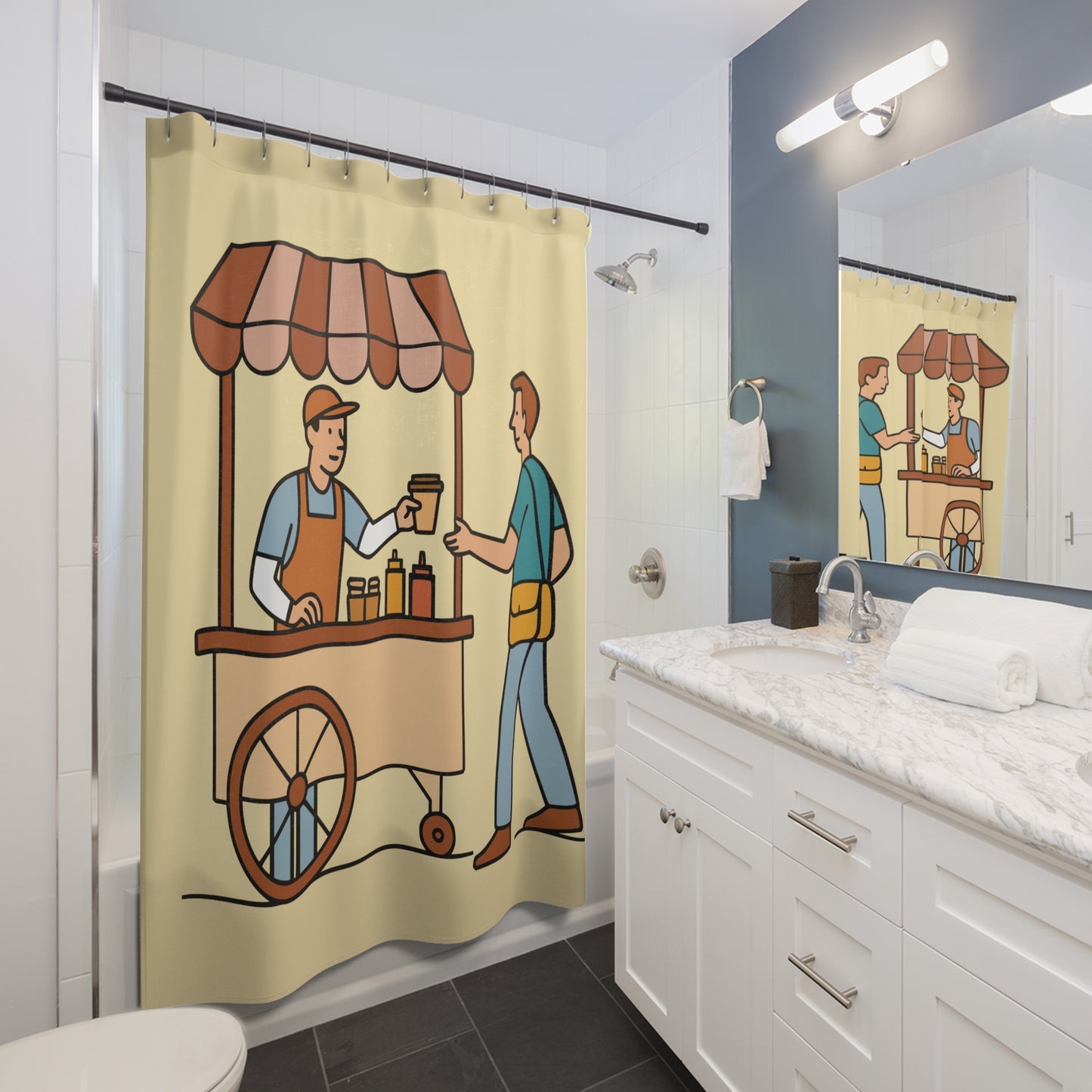 “Street Bites Splash” Shower Curtain | Food, Fun & Bathroom Flair