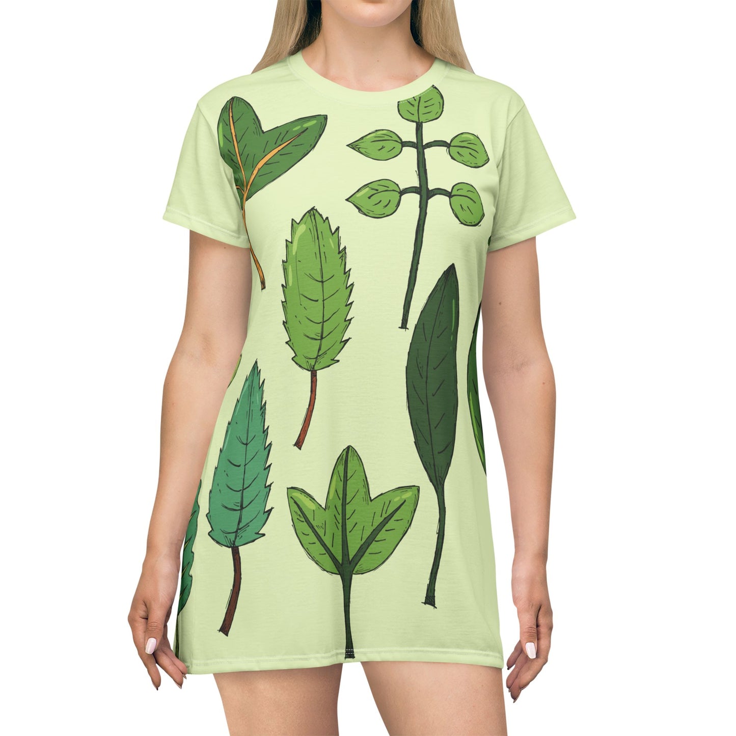Forest Canopy Art | Artistic Leaf Pattern T-Shirt Dress for Free Spirits