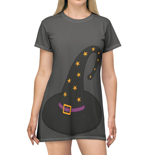 Witch Hat Halloween T-Shirt Dress | Fun & Spooky All-Over Print | Trendy Seasonal Style