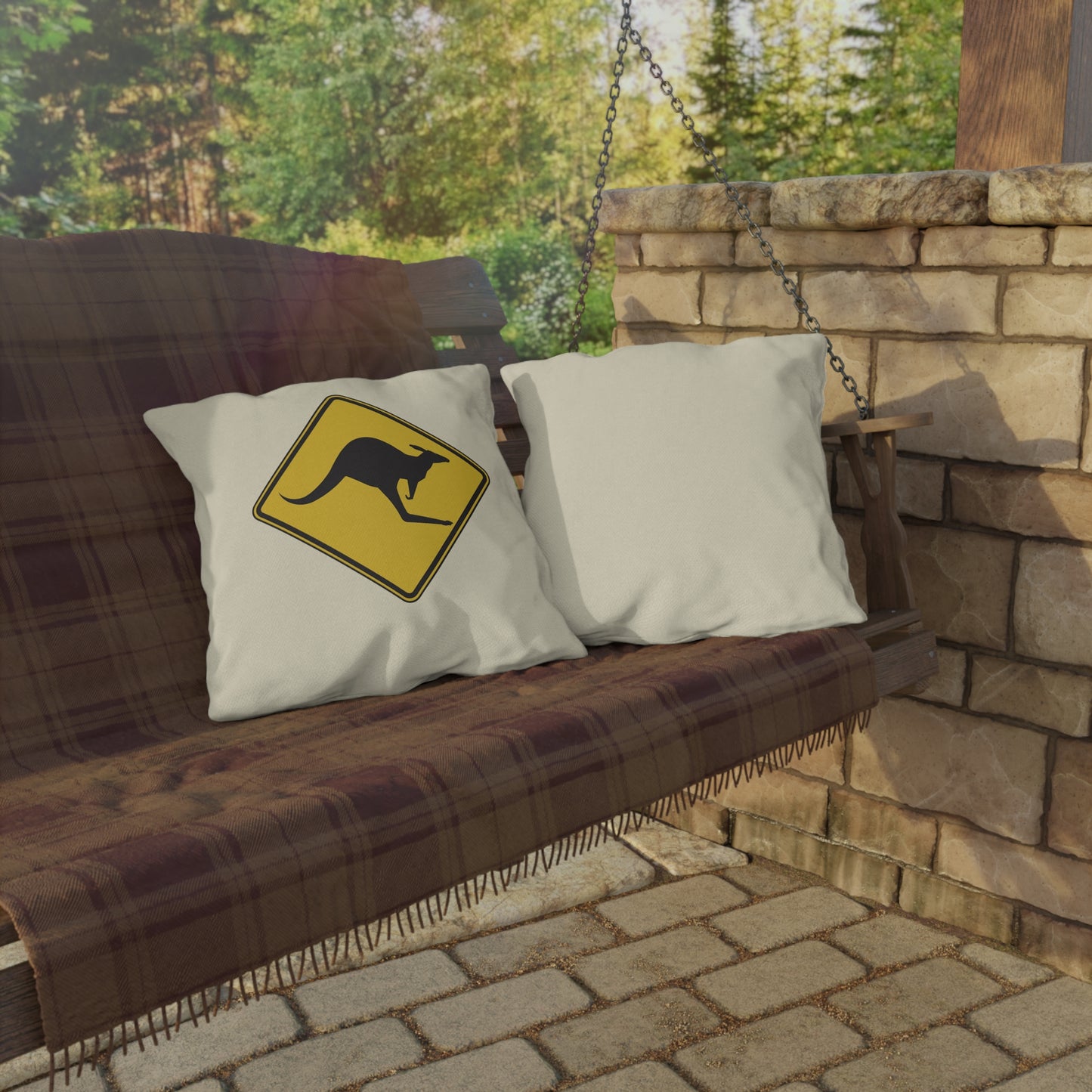Kangaroo Warning Zone | Fun Artistic Outdoor Pillow for Playful Outdoor Spaces