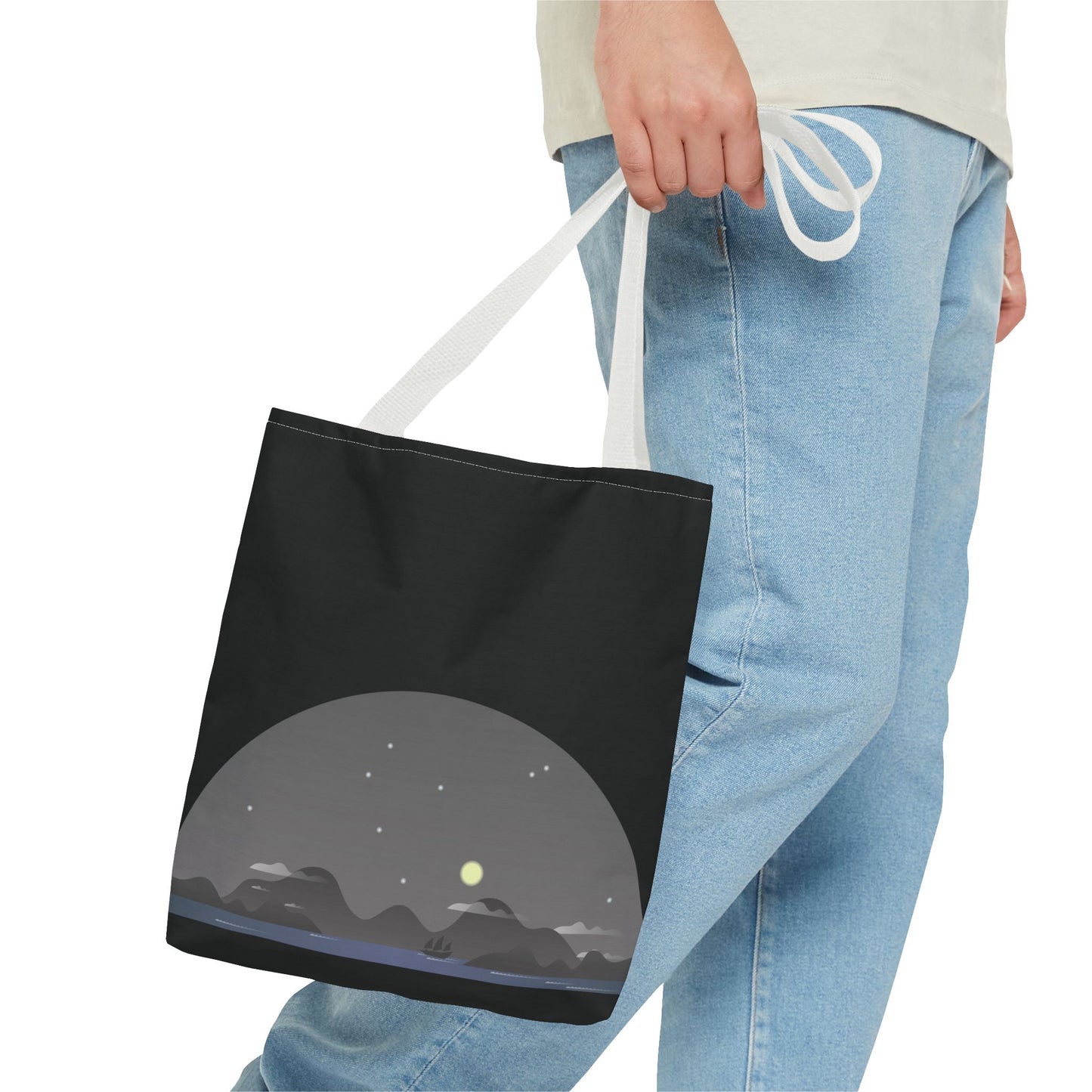 Midnight Voyage | Night Mountain Boat Landscape Tote Bag