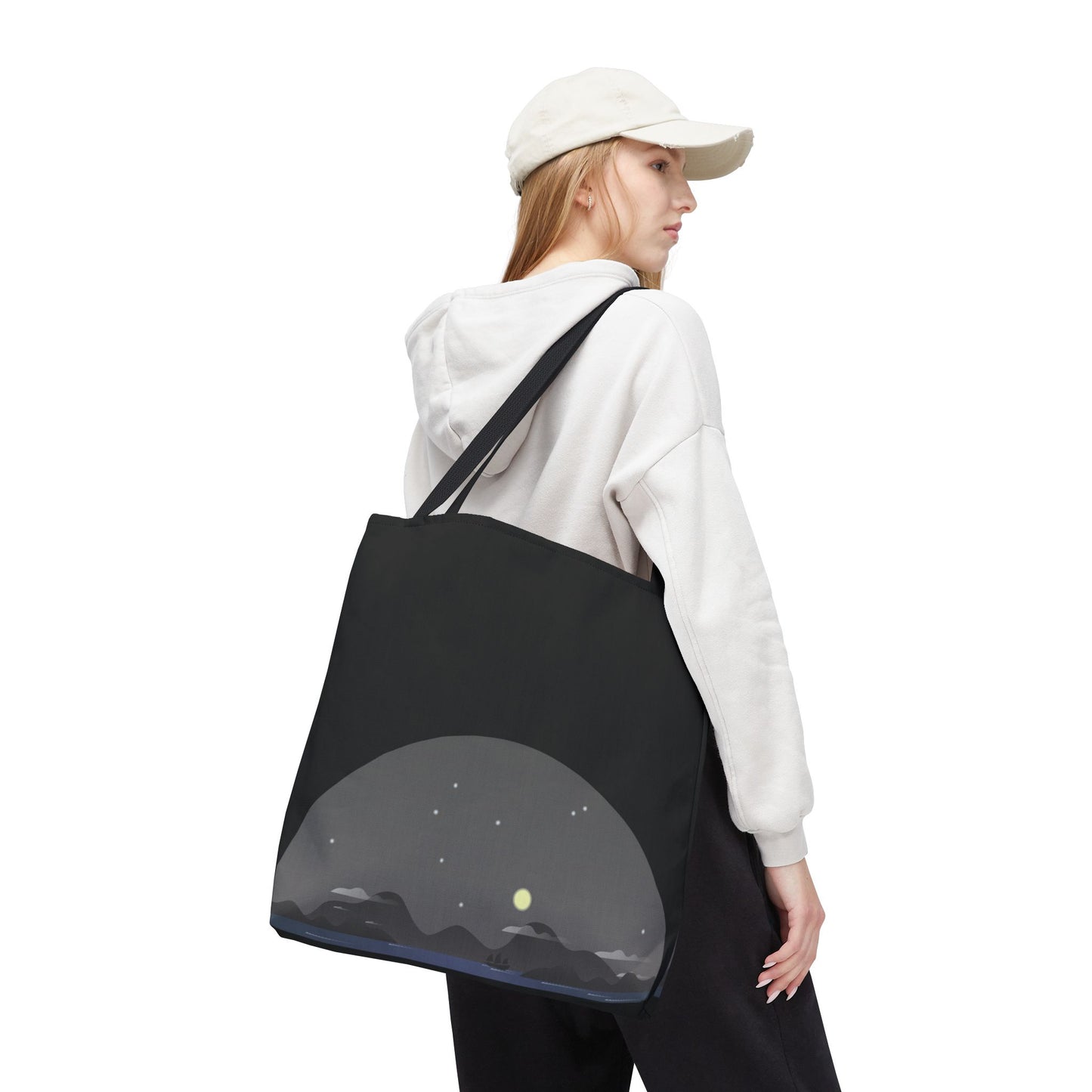 Midnight Voyage | Night Mountain Boat Landscape Tote Bag