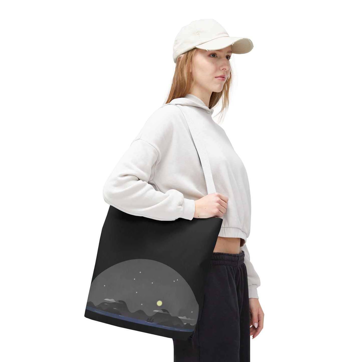 Midnight Voyage | Night Mountain Boat Landscape Tote Bag