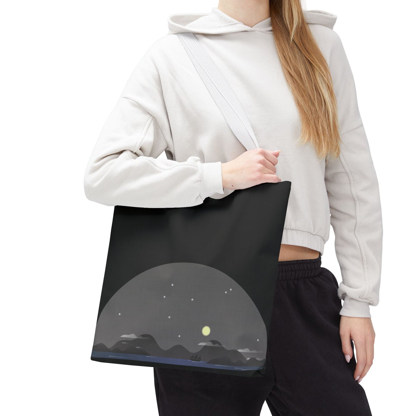 Midnight Voyage | Night Mountain Boat Landscape Tote Bag