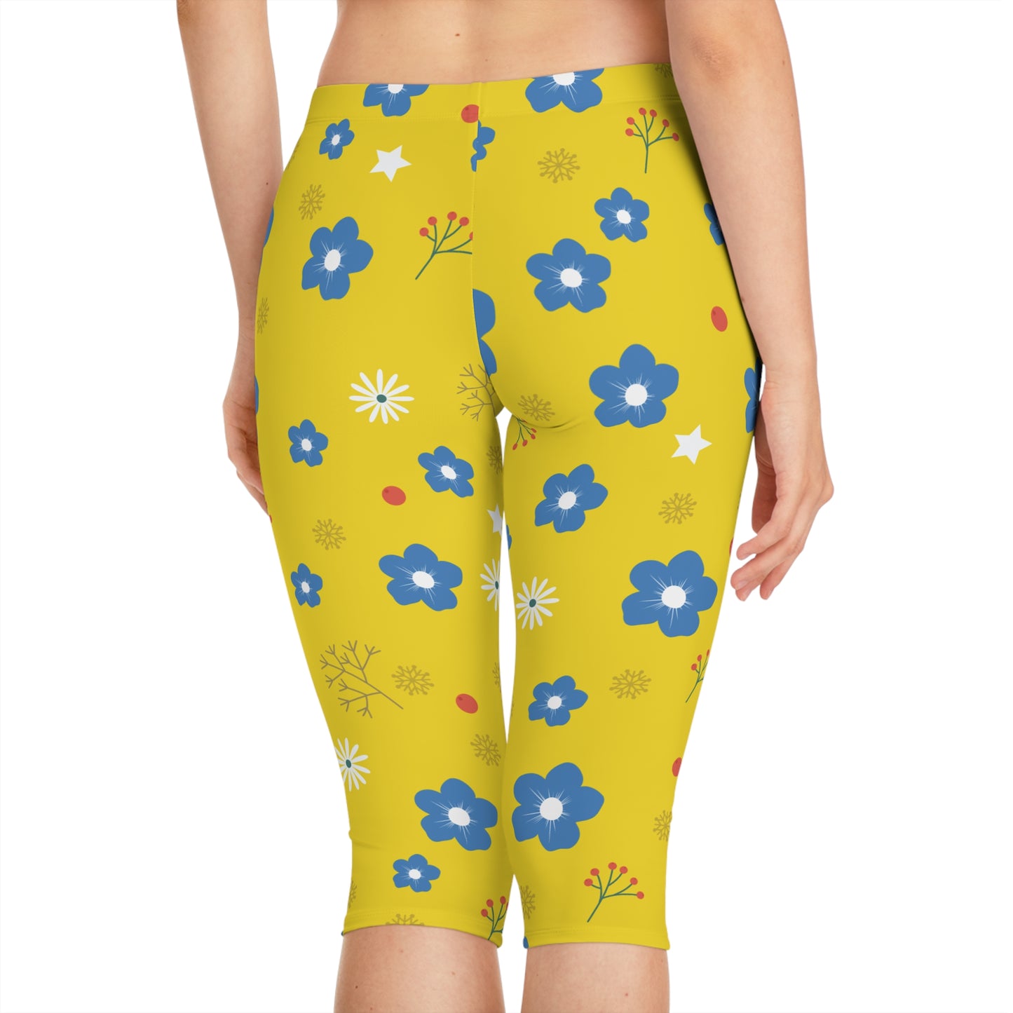 Blue Floral Capri Leggings on Yellow | Bright, Fun, and Perfect for Every Move
