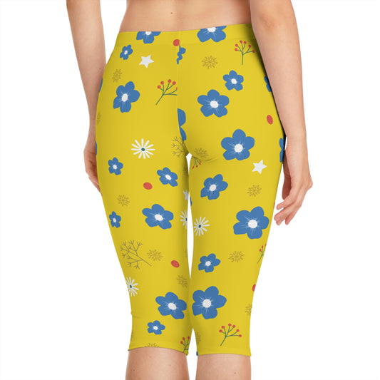 Blue Floral Capri Leggings on Yellow | Bright, Fun, and Perfect for Every Move
