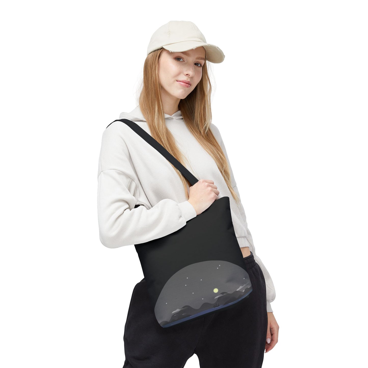 Midnight Voyage | Night Mountain Boat Landscape Tote Bag