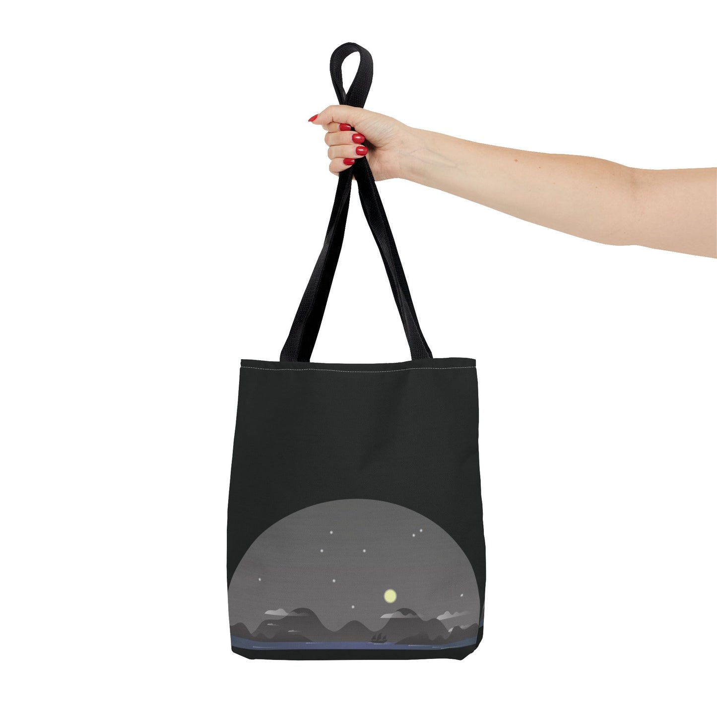 Midnight Voyage | Night Mountain Boat Landscape Tote Bag