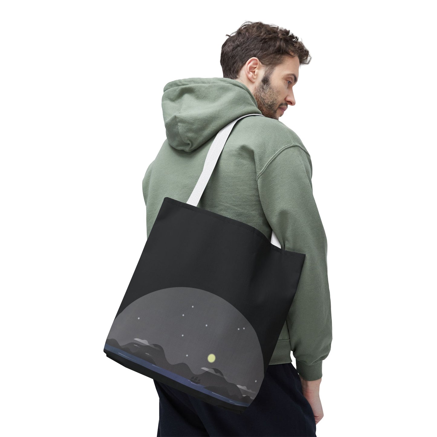 Midnight Voyage | Night Mountain Boat Landscape Tote Bag