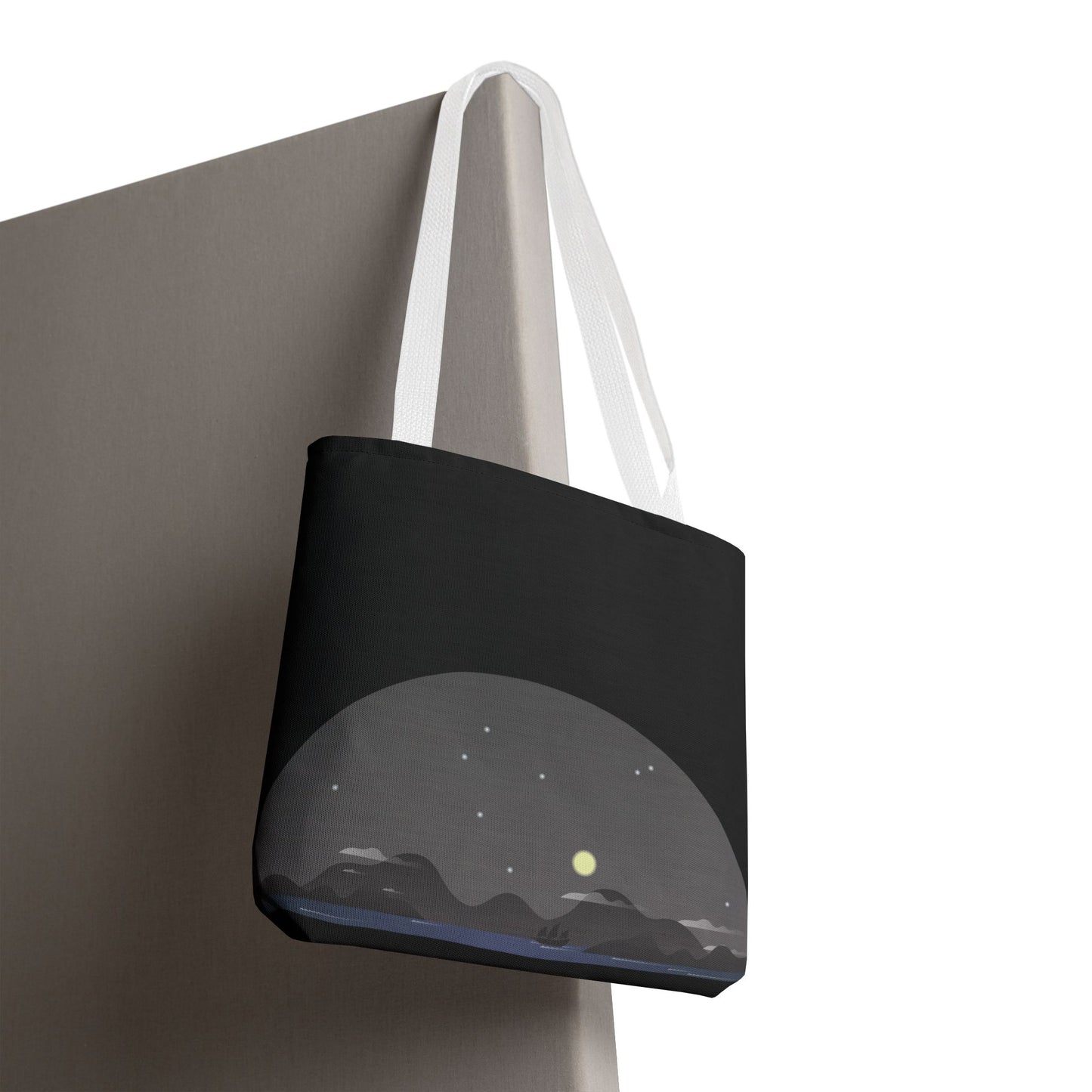 Midnight Voyage | Night Mountain Boat Landscape Tote Bag