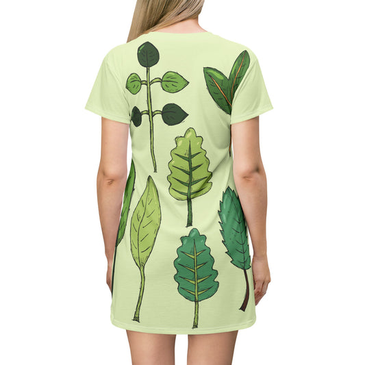 Forest Canopy Art | Artistic Leaf Pattern T-Shirt Dress for Free Spirits
