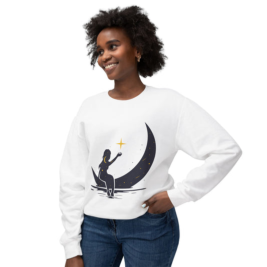 Unisex Lightweight Sweatshirt | Girl on the Moon & Sparkling Stars