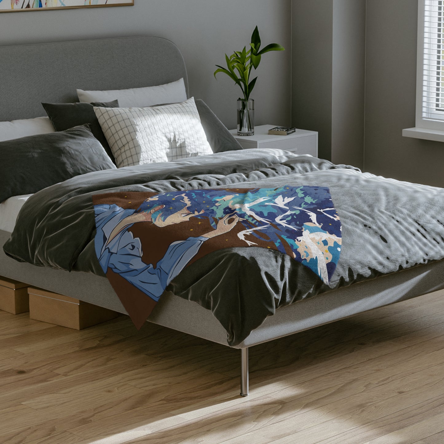 Velveteen Microfiber Blanket | Green-Haired Girl and White Birds
