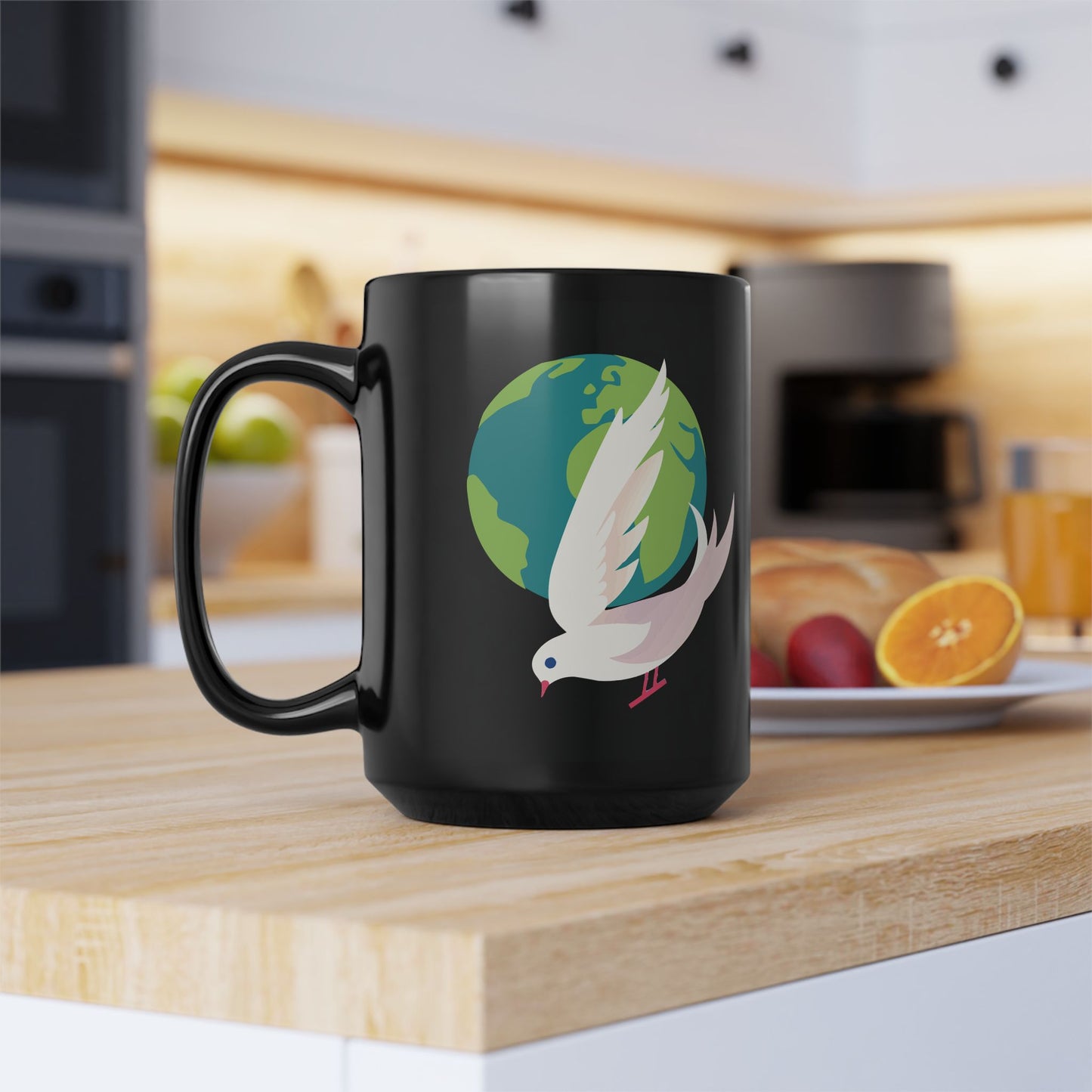 Peaceful Morning | 15oz Black Mug with Dove & Earth Print | Serene – Stylish – Soulful