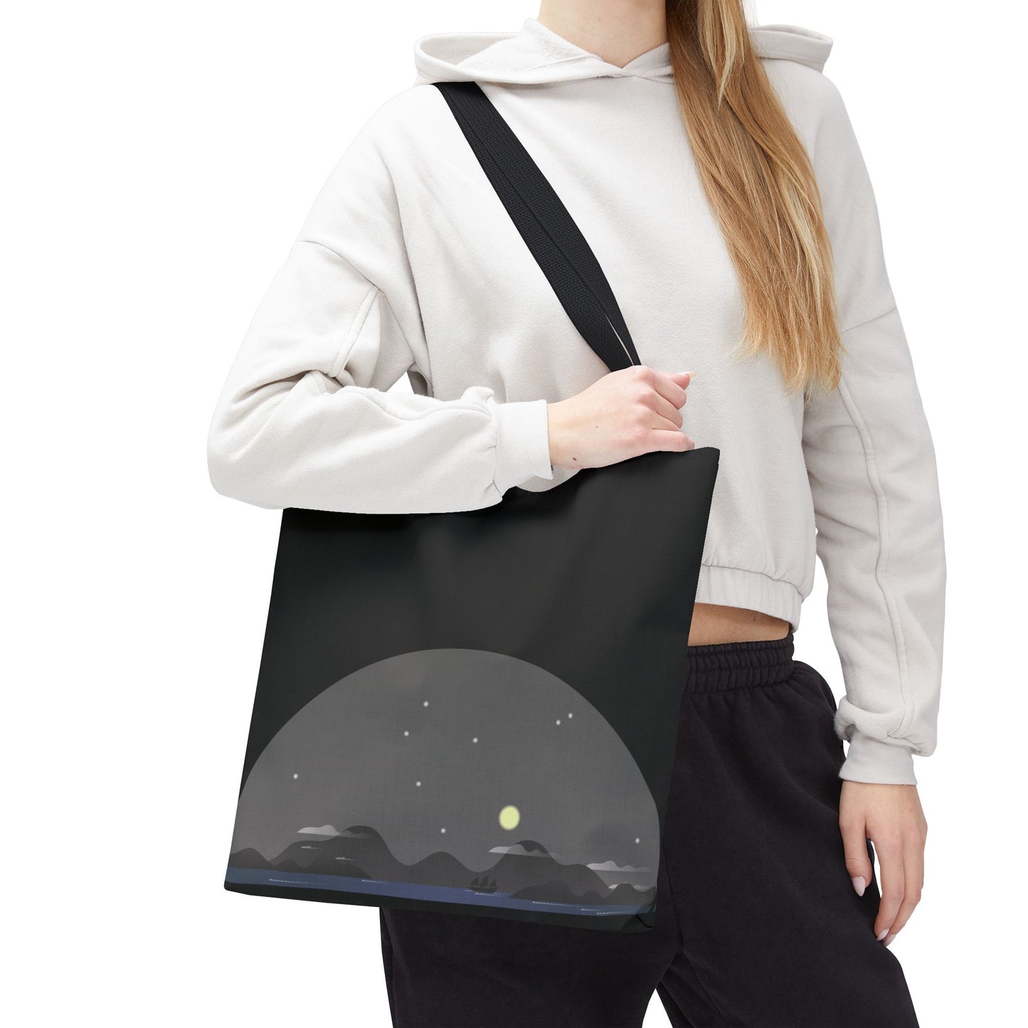 Midnight Voyage | Night Mountain Boat Landscape Tote Bag