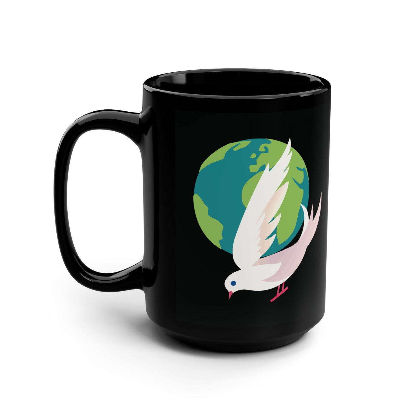Peaceful Morning | 15oz Black Mug with Dove & Earth Print | Serene – Stylish – Soulful