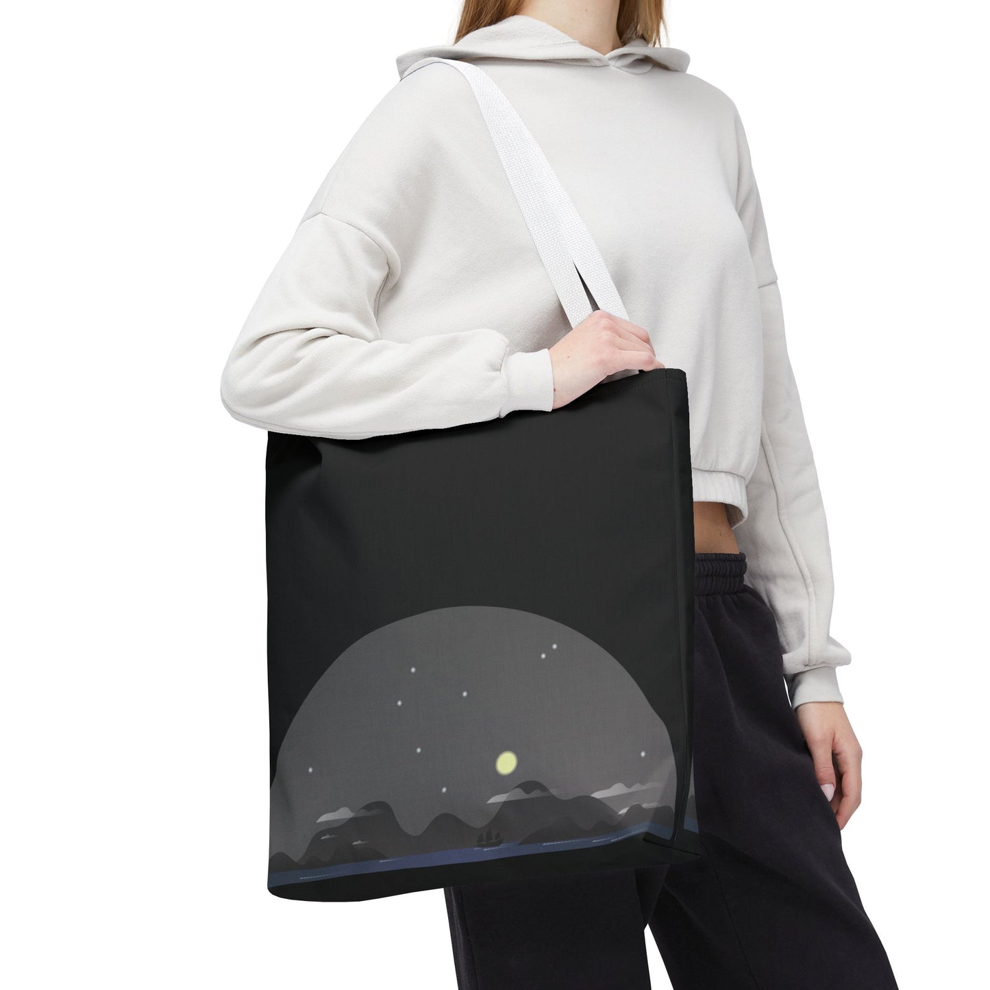 Midnight Voyage | Night Mountain Boat Landscape Tote Bag