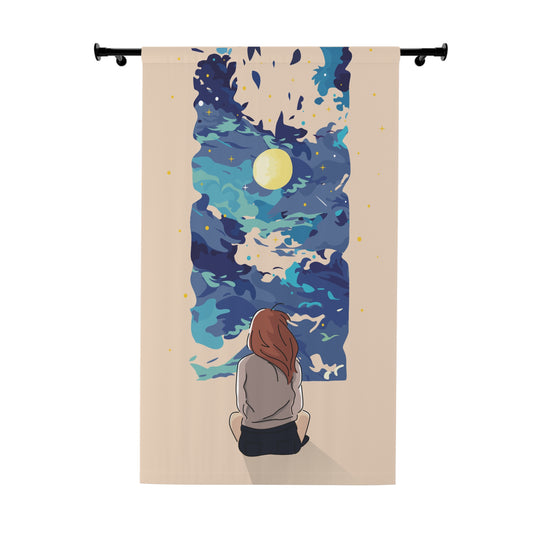 MoonVista | One-Panel Window Curtain Featuring Girl Gazing at Moon and Stars