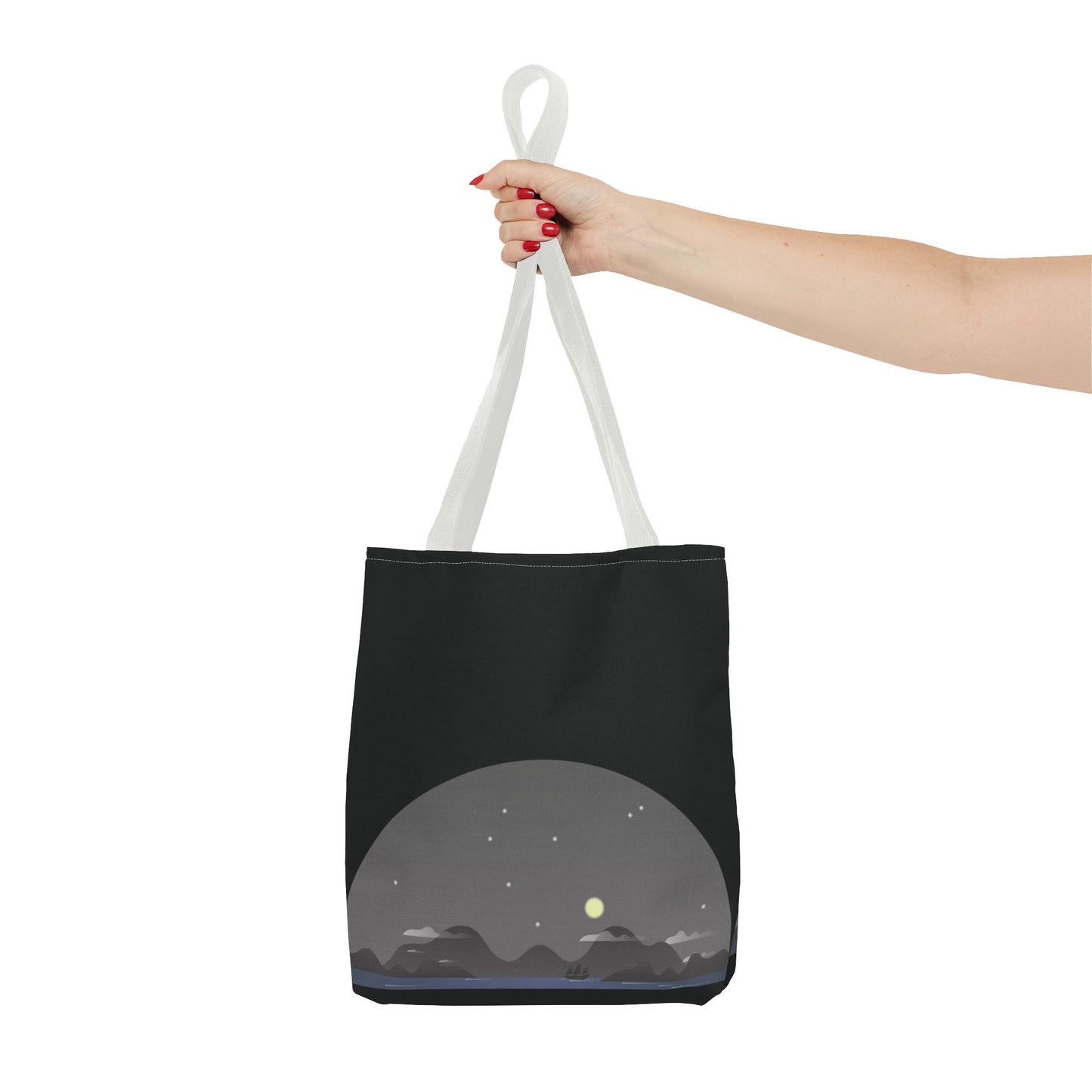 Midnight Voyage | Night Mountain Boat Landscape Tote Bag