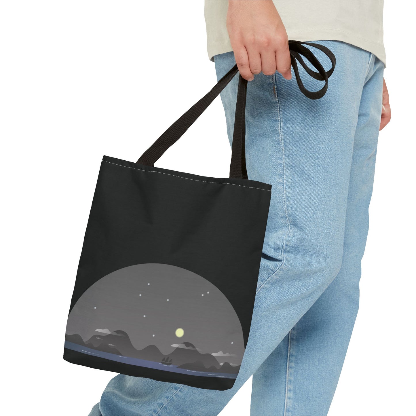 Midnight Voyage | Night Mountain Boat Landscape Tote Bag
