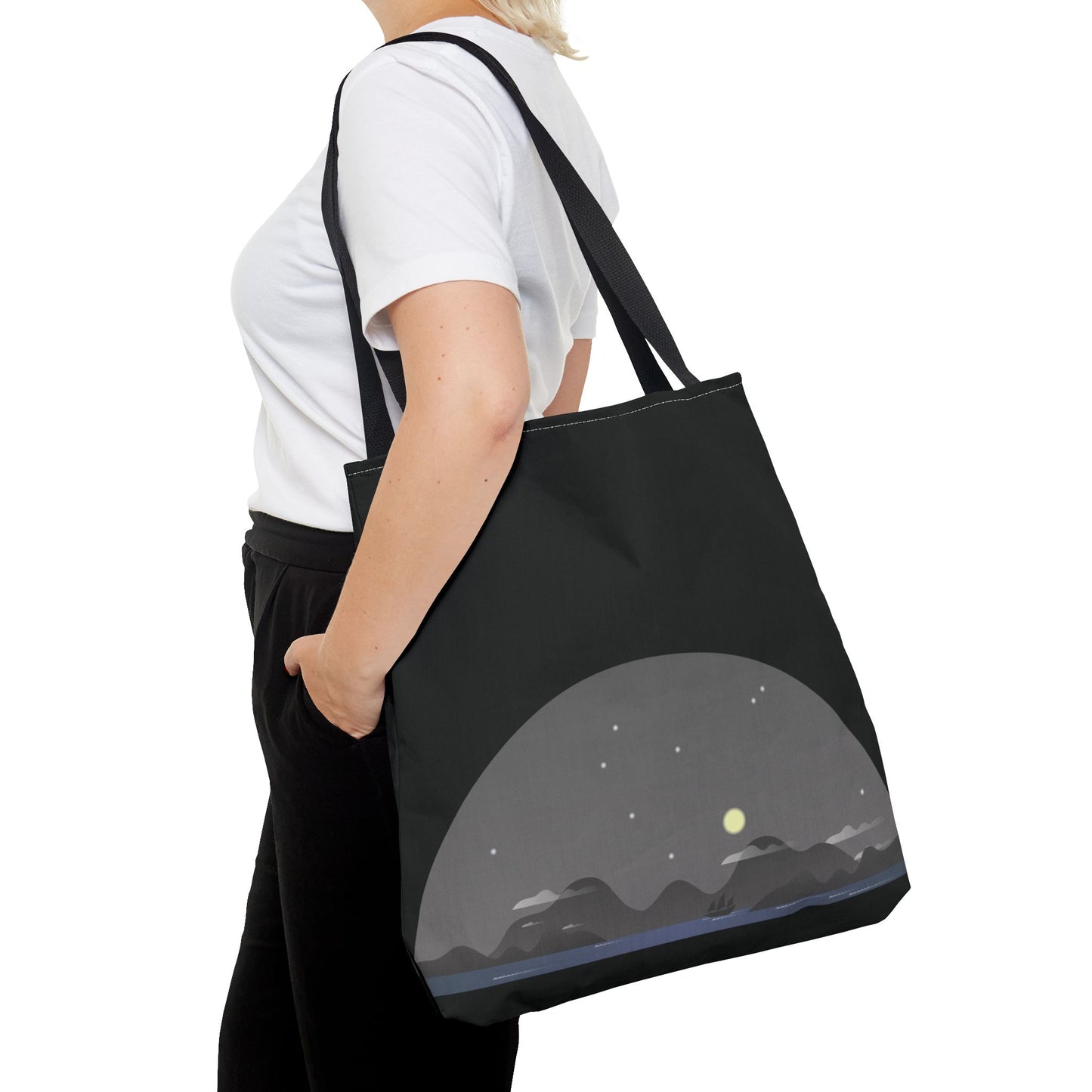 Midnight Voyage | Night Mountain Boat Landscape Tote Bag