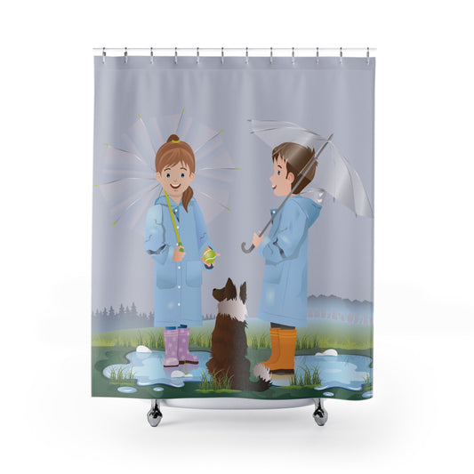 Rainy Day Memory | Kids, Dog & Umbrella Shower Curtain