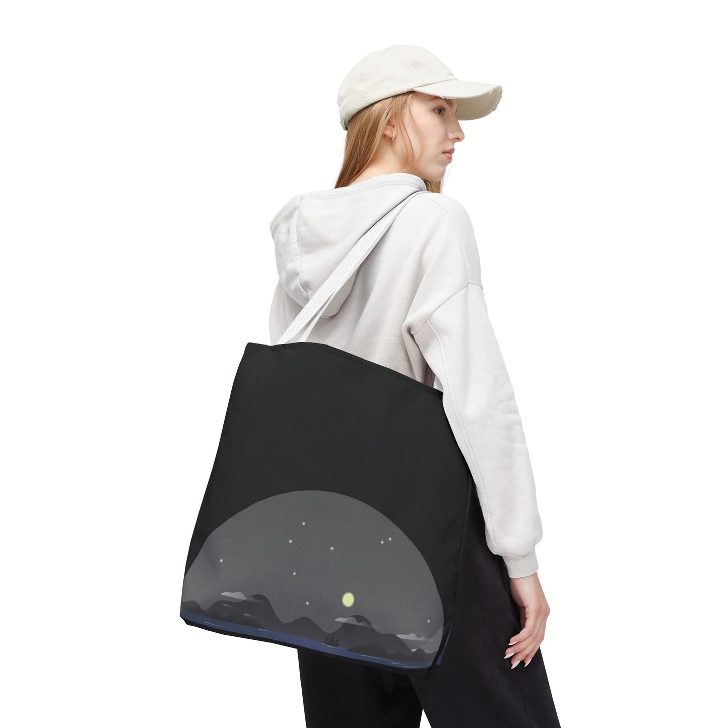 Midnight Voyage | Night Mountain Boat Landscape Tote Bag