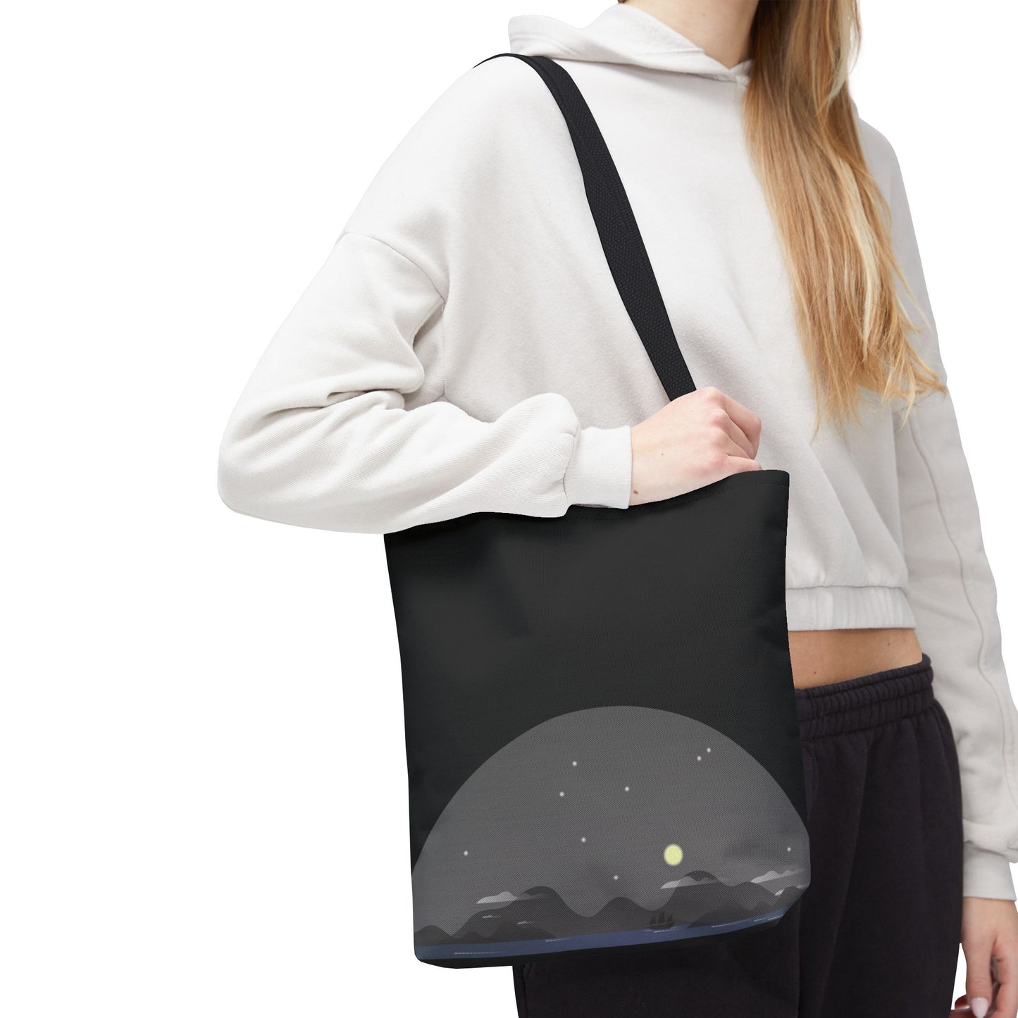 Midnight Voyage | Night Mountain Boat Landscape Tote Bag