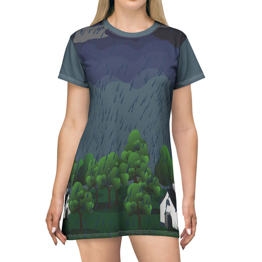 Rainy Day Rhythm | Women’s T-Shirt Dress with Nature Rain Print